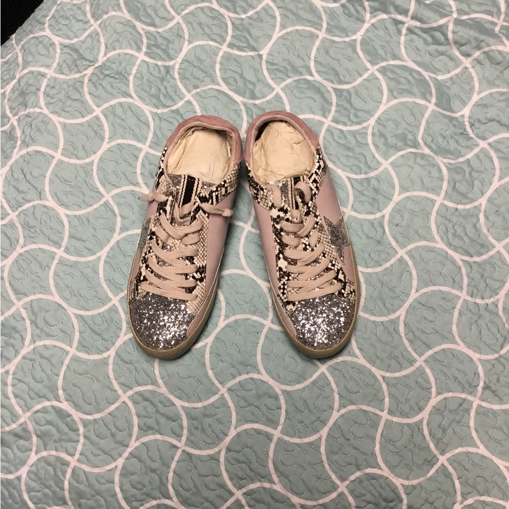 ShuShop Pink Lace-Up Sneakers with Silver Glitter Toe and Snake-Print Accents